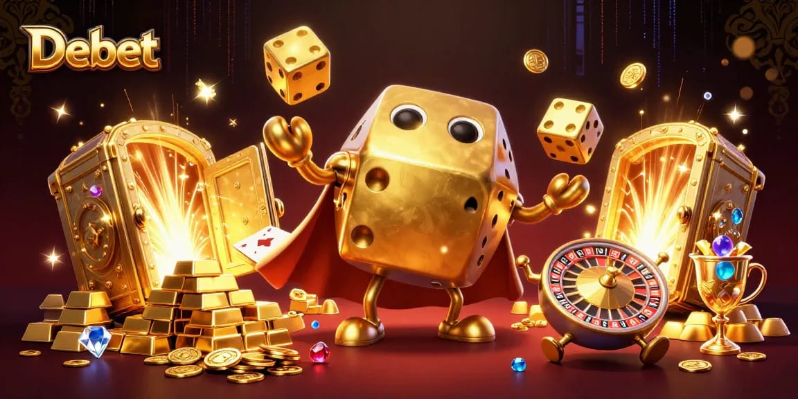 Experience Debet through vibrant 3D illustration of a golden dice golem juggling in a rich casino atmosphere.