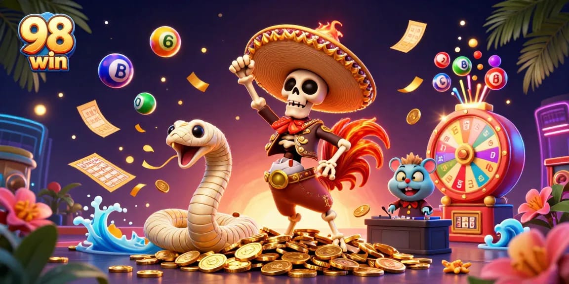 Celebrate wins at 98 win with vibrant 3D casino characters and amazing prizes in action