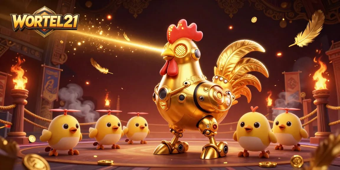 Engage in action with WORTEL21 featuring a golden rooster robot and baby chick drones in a lush casino scene.