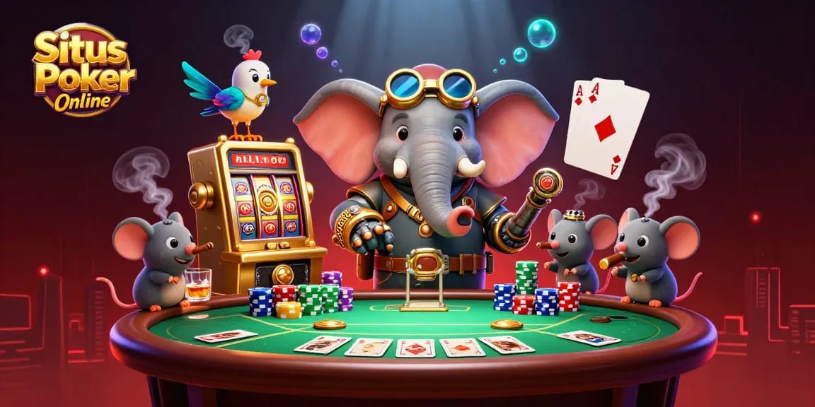 Situs Poker Online illustration showing an elephant engineer at a poker table surrounded by chips and cards, enhancing your gaming experience.