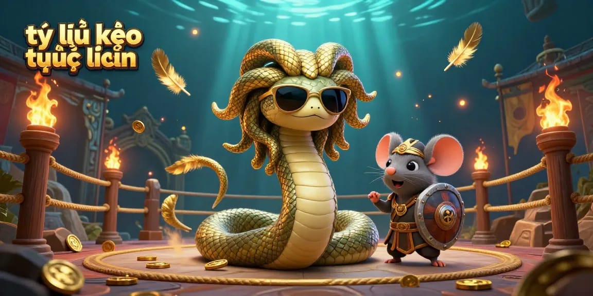 Engage with tỷ lệ kèo trực tuyến featuring Medusa and a warrior mouse in a dynamic betting scene.