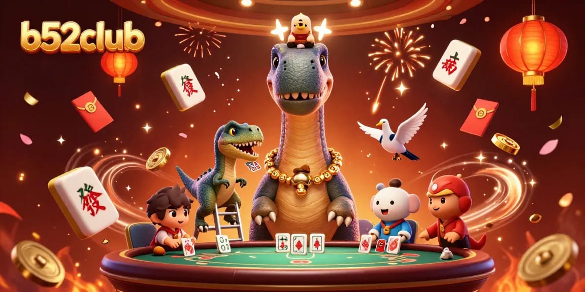 Engage in thrilling games at b52club with playful characters in a vibrant casino setting.