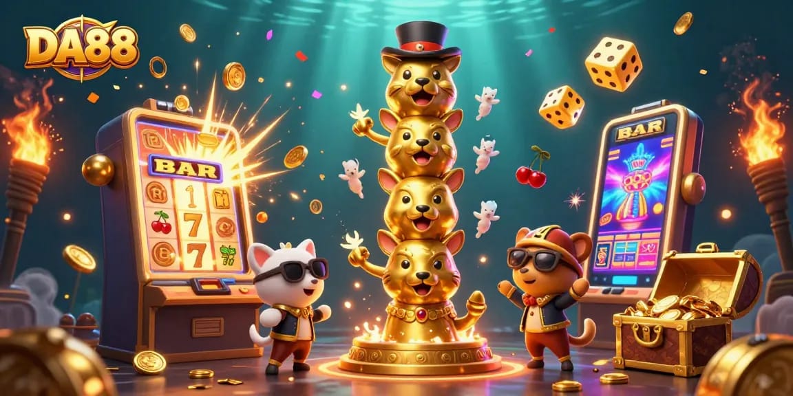 Celebrate big wins with DA88 as golden tokens and explosive jackpots surround vivid casino characters.