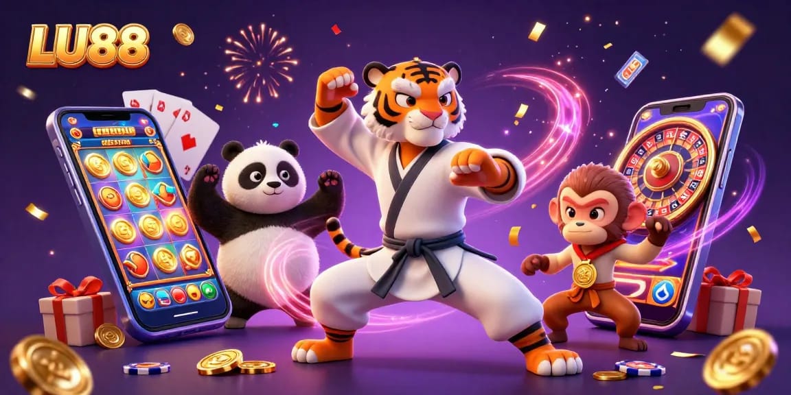 LU88's lively casino scene features a kung fu tiger, a panda, and a monkey amidst colorful slot games and golden coins.