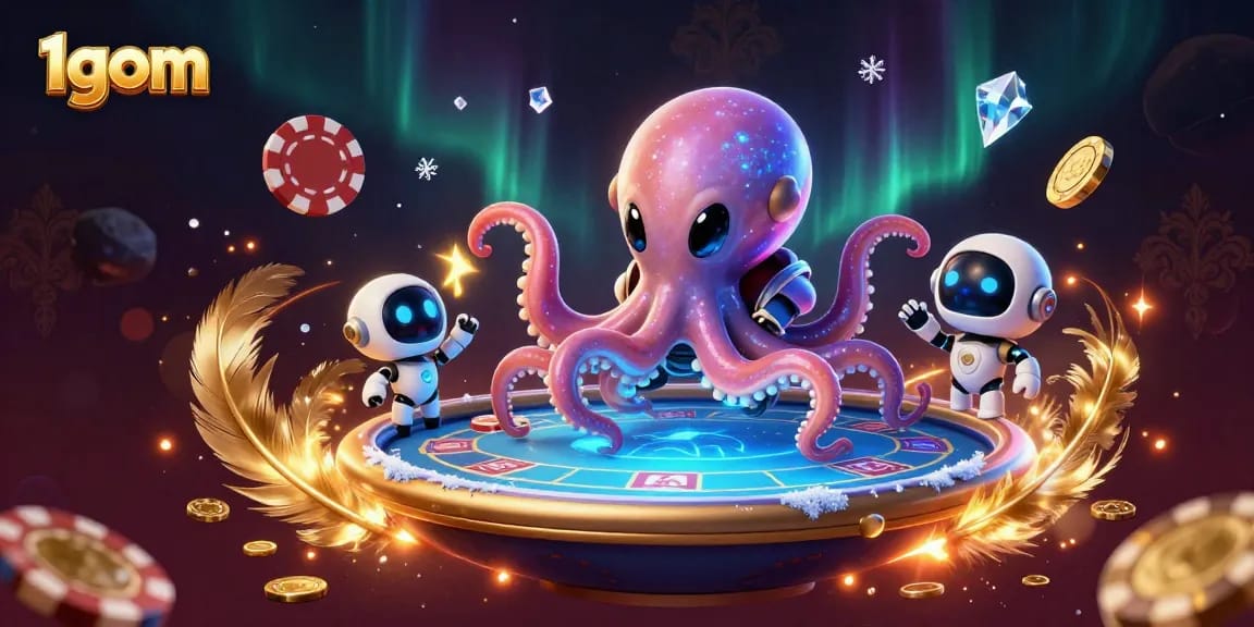 1gom features an alien octopus playing poker in a vibrant casino scene with dynamic elements.