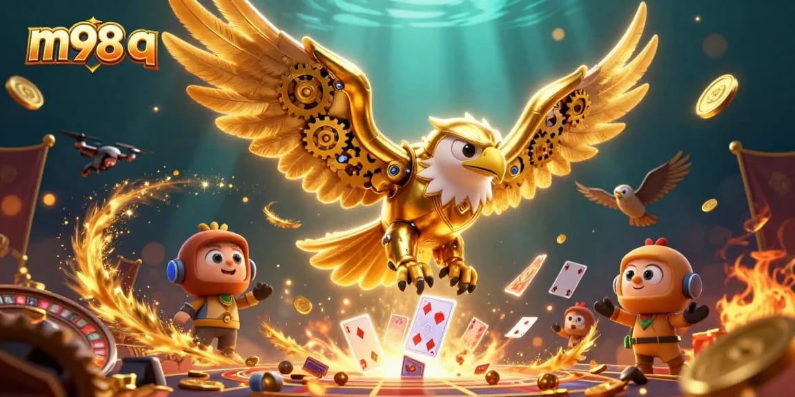 Engage in exciting casino action with m98 q, featuring a cybernetic eagle amidst vibrant cards and coins.