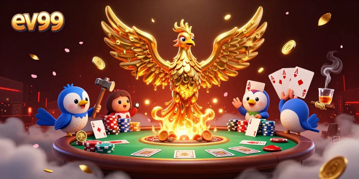 ev99 players winning gold coins in a dynamic casino scene with a phoenix and poker elements