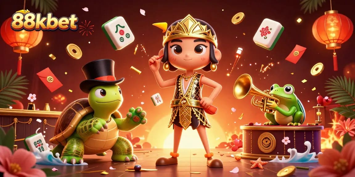 Experience the thrill of 88kbet with a vibrant 3D casino scene featuring a variety of characters and elements.