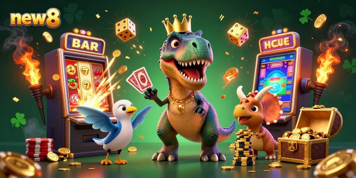 Join the new8 excitement as a playful T-Rex plays cards while a baby triceratops stacks chips in this vibrant casino scene.