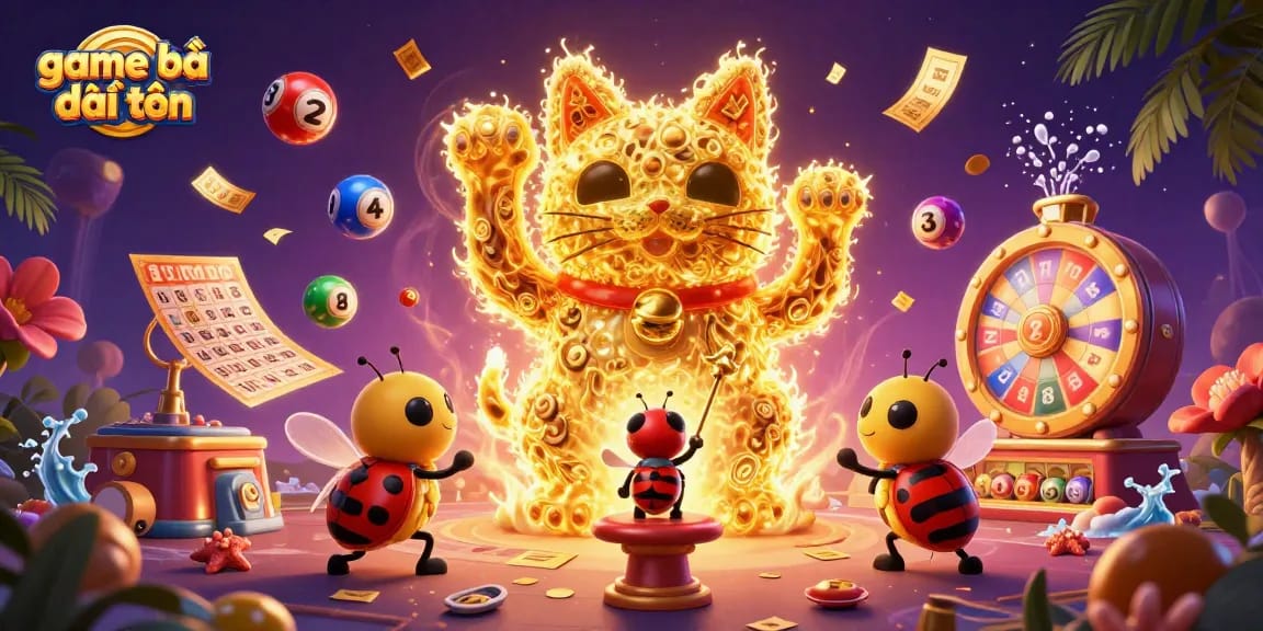 Experience the excitement of game bài đổi thưởng with dynamic elements and a vibrant lucky cat scene.