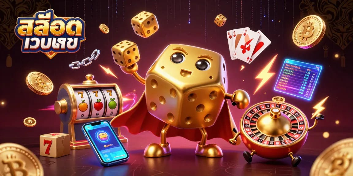 Play สล็อตเว็บตรง with a magical scene of golden dice, slot machines, and cryptocurrency coins.