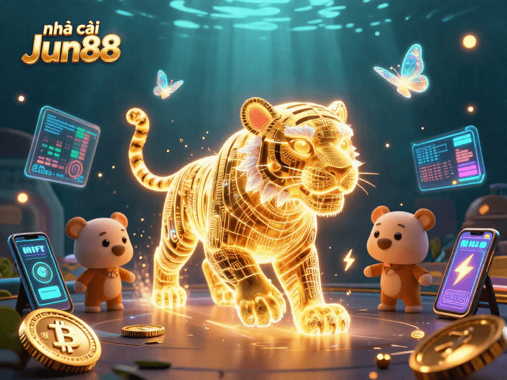 Engage with nhà cái Jun88 in a vibrant digital casino scene featuring crypto elements and a golden tiger.