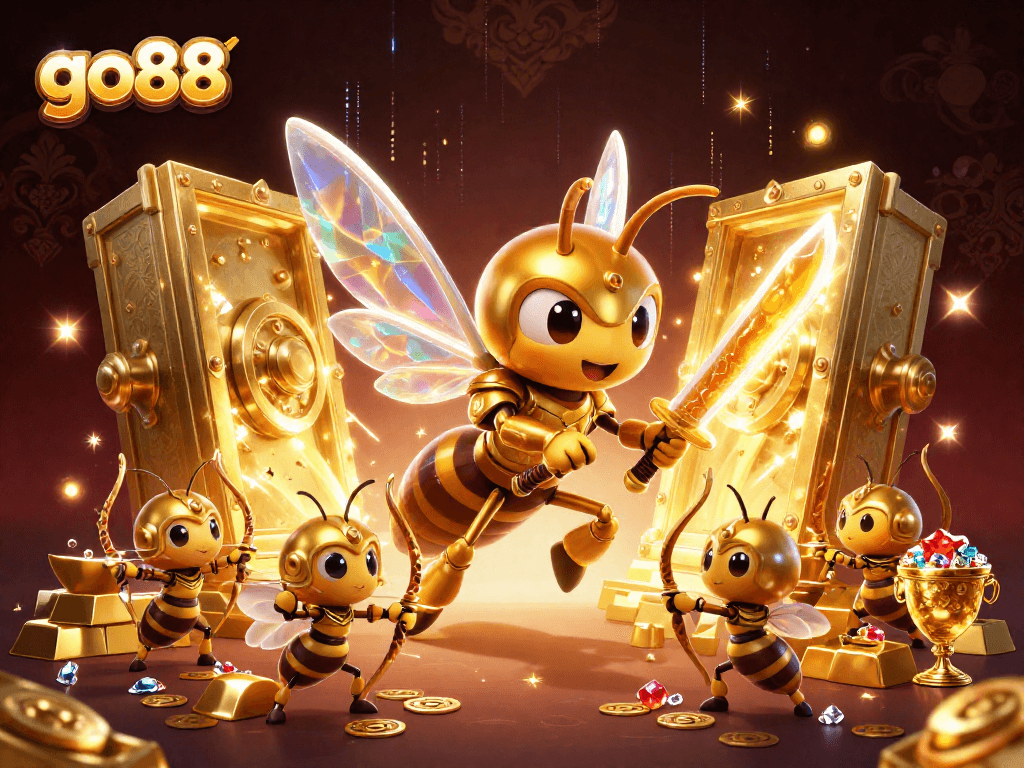 Experience thrilling games with go88 featuring a golden samurai hornet amid jewels and gold treasures.
