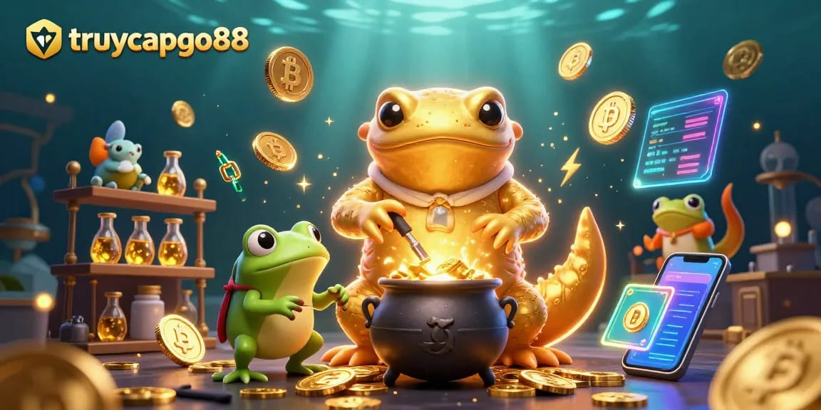 Experience the allure of truycapgo88 with a magical scene depicting vibrant 3D characters transmuting coins and gold.