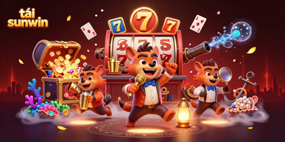 Experience excitement with tải sunwin, a dynamic 3D illustration of a fun casino scene featuring lively characters and game elements.