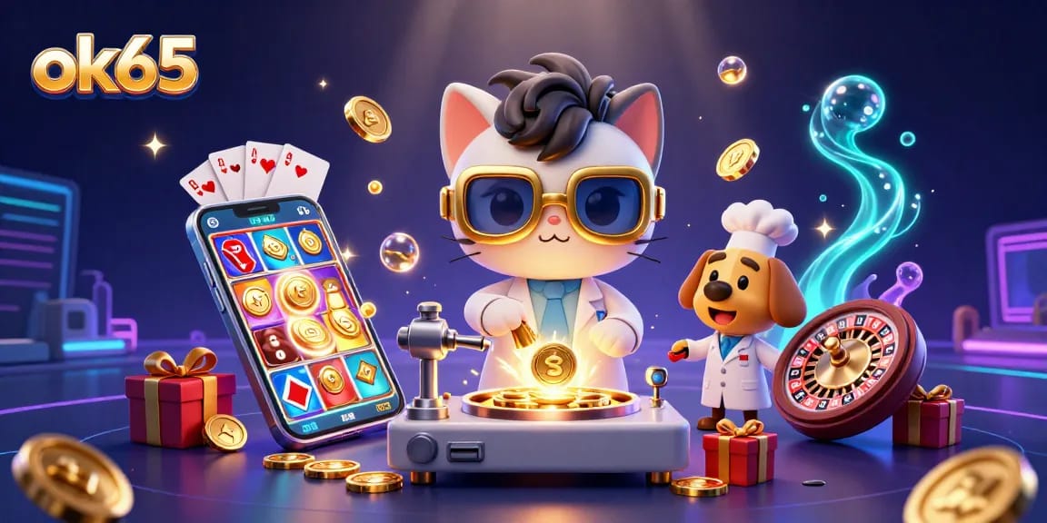 Experience the thrill of gambling with the ok65 slots and casino elements in a vibrant scene.