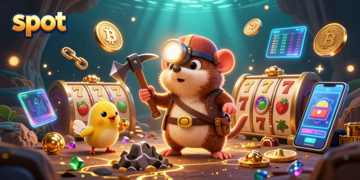 Engaging slot scene featuring a treasure hunter mole, vibrant slot reels, and crypto elements.