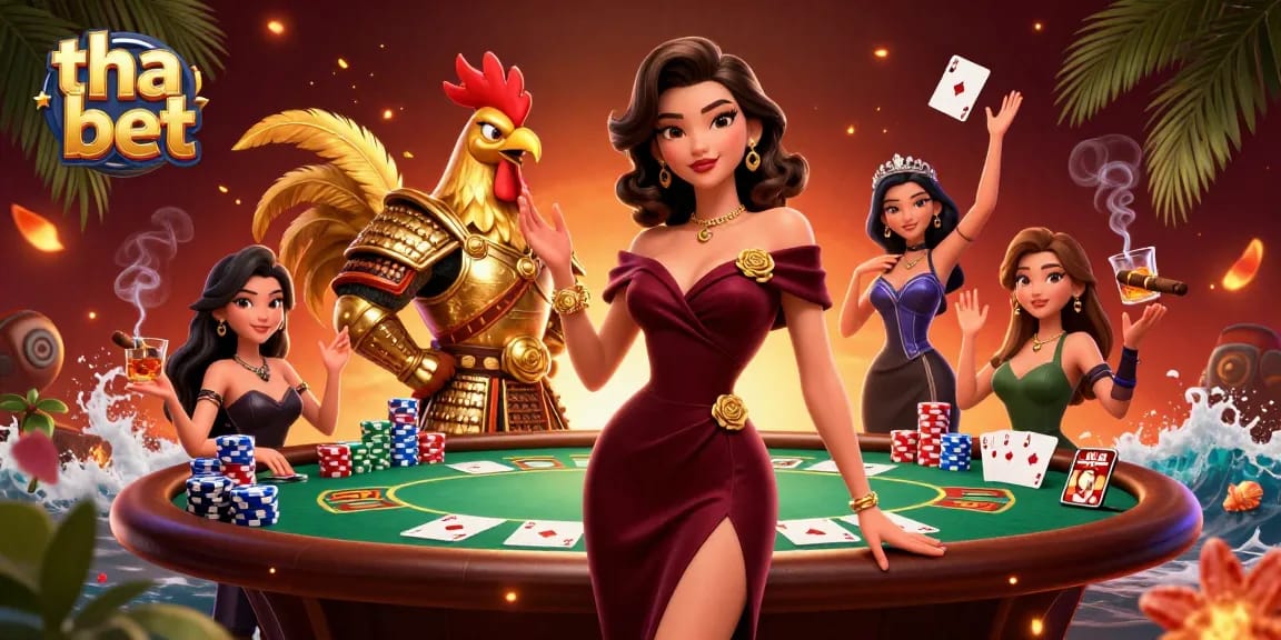 Play exciting games at tha bet, featuring glamorous characters and vibrant casino elements.