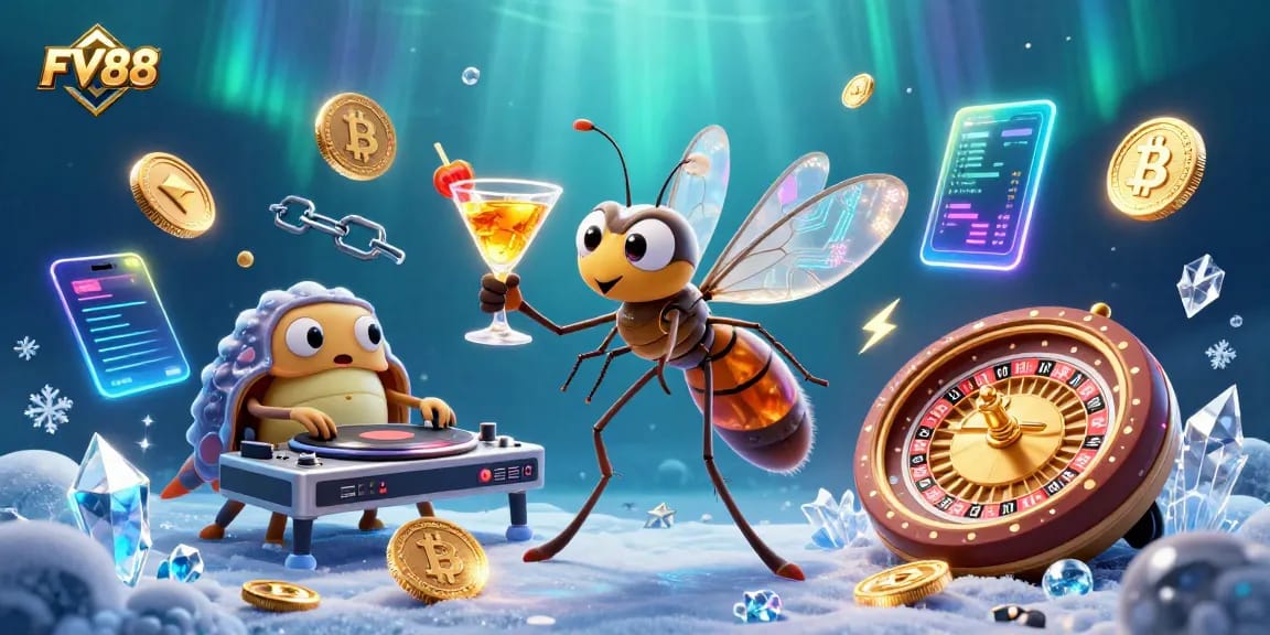 Experience FV88 with a lively, casino-themed 3D illustration showcasing cryptocurrency elements.