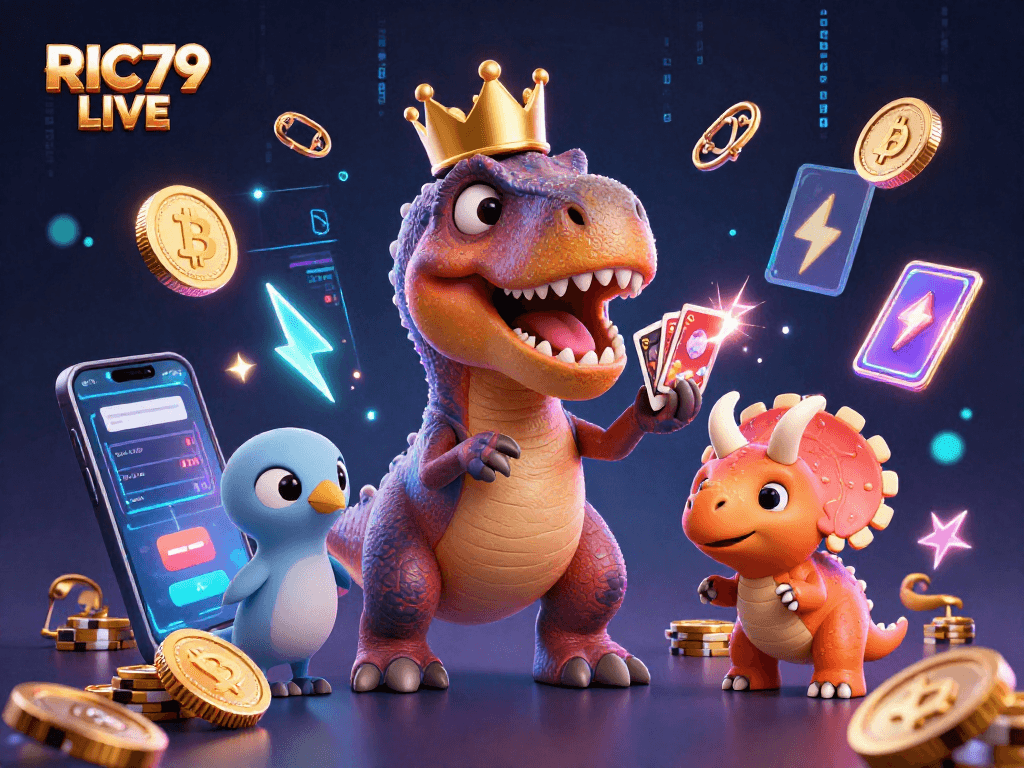 Experience RIC79 LIVE with a colorful casino scene filled with friends and crypto game elements.