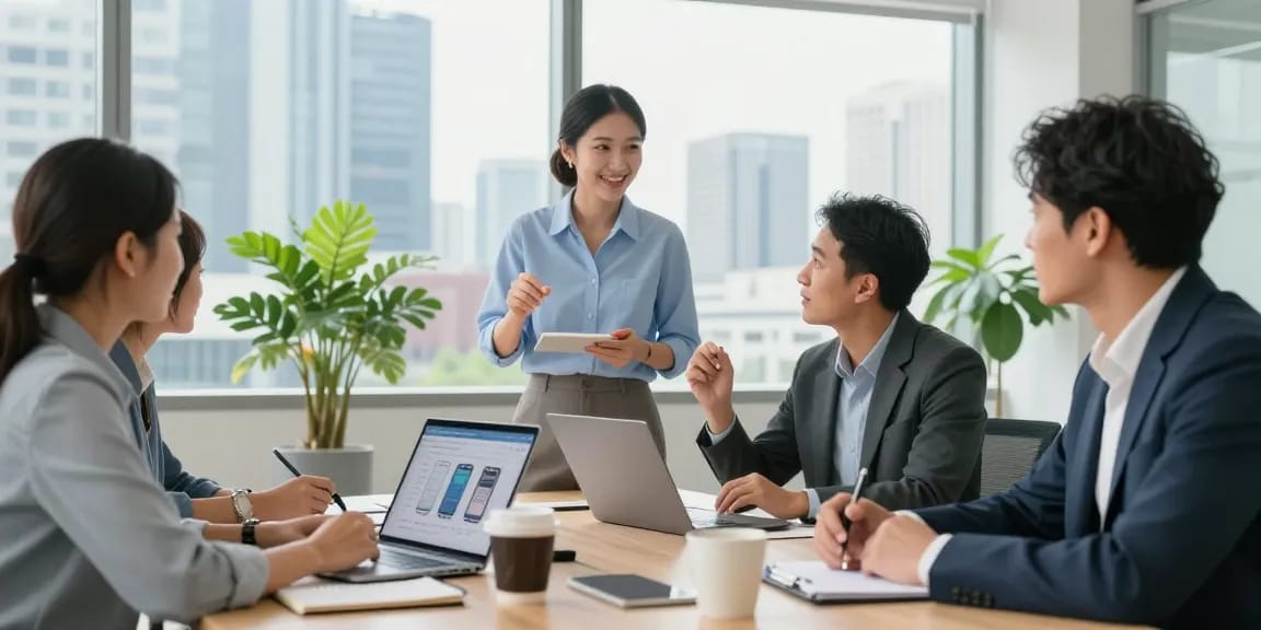 Engaged professionals discussing unlimited business mobile plans in a modern office.