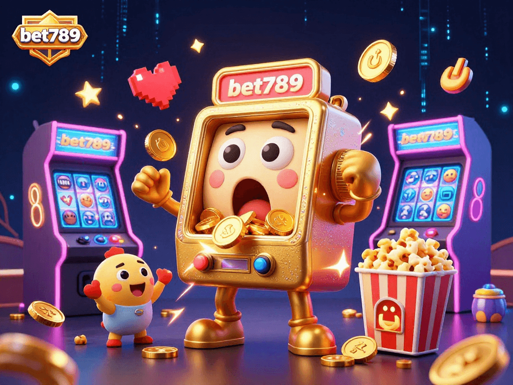 Bet789 showcases a golden slot machine celebrating its jackpot, surrounded by cheering baby machines and arcade games.