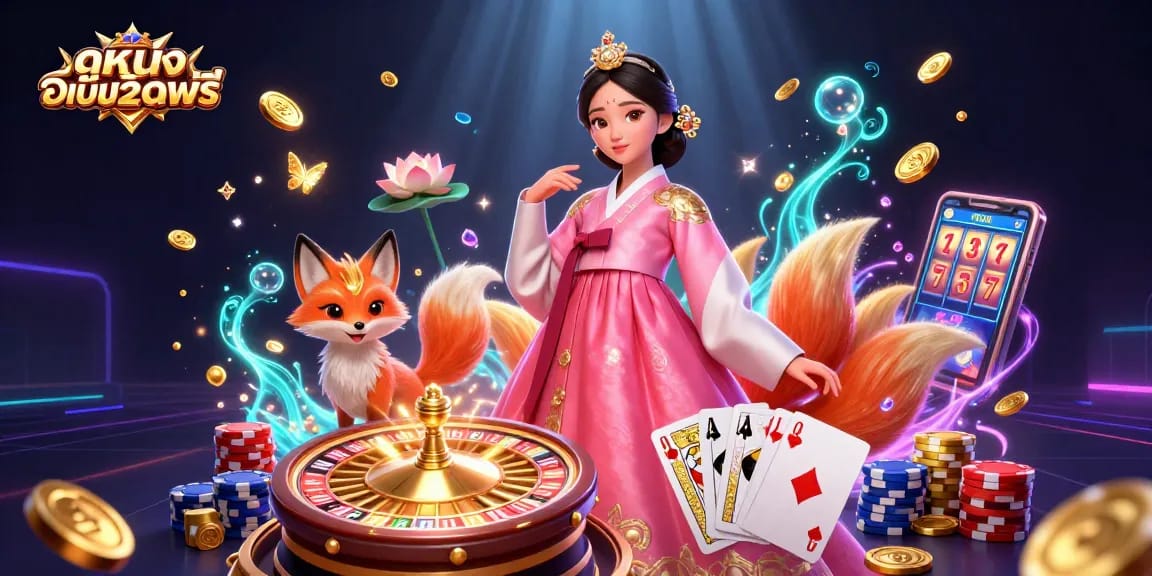 Experience ดูหนังออนไลน์ฟรี with an elegant scene featuring a graceful woman and lucky fox amidst dazzling casino elements.