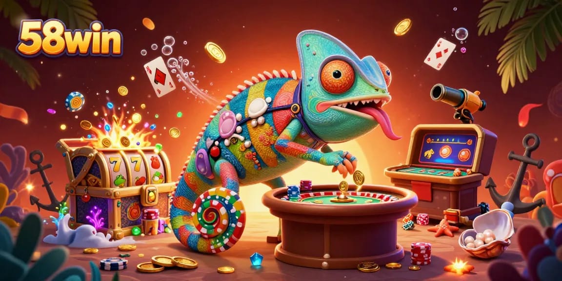 Engaging gameplay at 58win with vibrant slots and a colorful chameleon mascot.