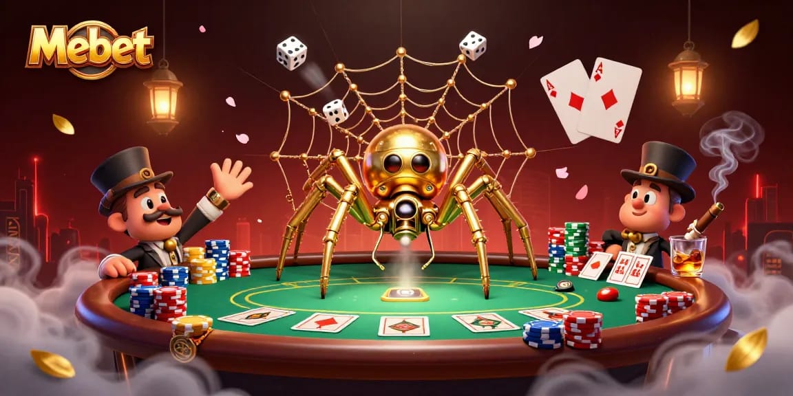 Mebet captures players' attention with a dynamic casino scene featuring a steampunk spider and poker elements.