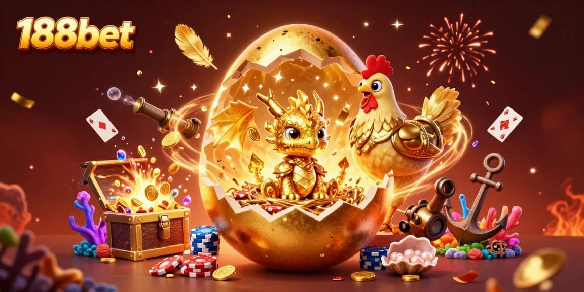 Capture the excitement at 188bet with a golden dragon and poker chips amidst treasure and games.