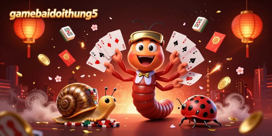 Experience excitement with gamebaidoithuong5 featuring a whimsical dealer and vibrant casino elements.