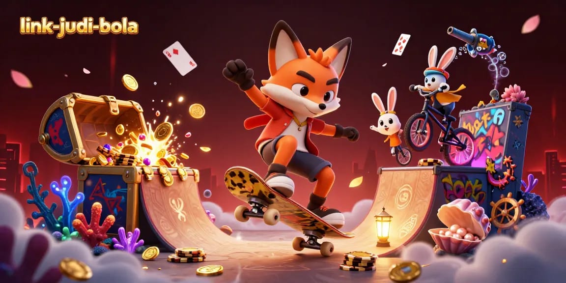 Engage with link-judi-bola through vibrant 3D illustration showcasing animated casino adventures and energetic characters.