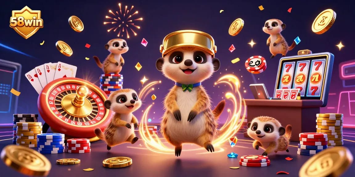 Engage with 58win's lively casino experience featuring meerkats running games, spinning roulette and vibrant slots.