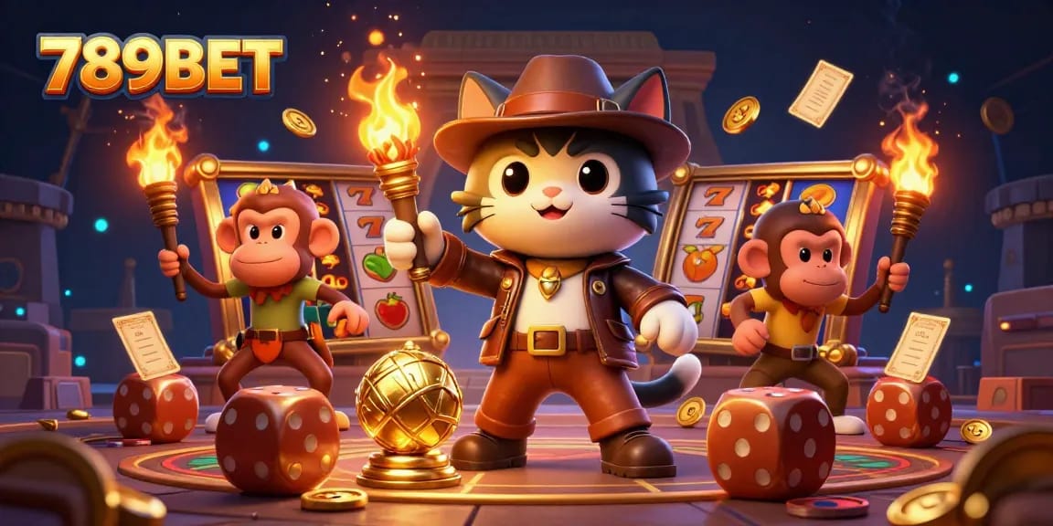 Engage with 789BET as a cartoon explorer finds treasure in a vibrant casino art scene.