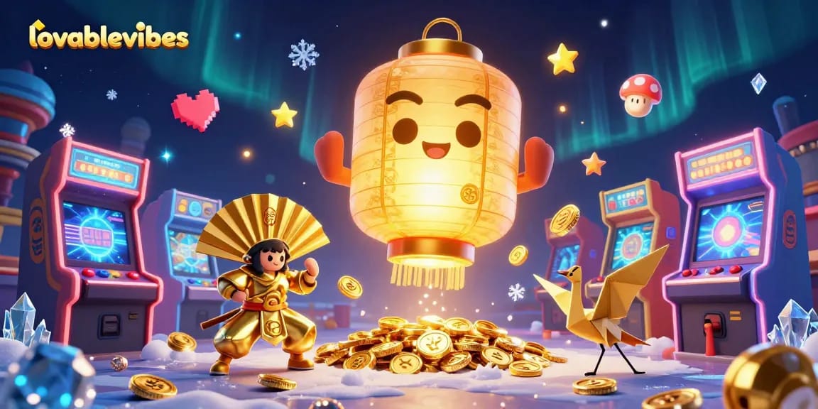 Experience the excitement of gaming with lovablevibes at a vibrant casino filled with golden characters and colorful arcade machines.