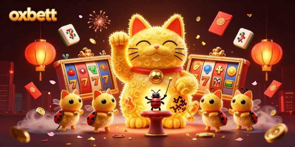 Spin the reels and explore oxbett's vibrant casino world with a lucky cat and golden fireflies!