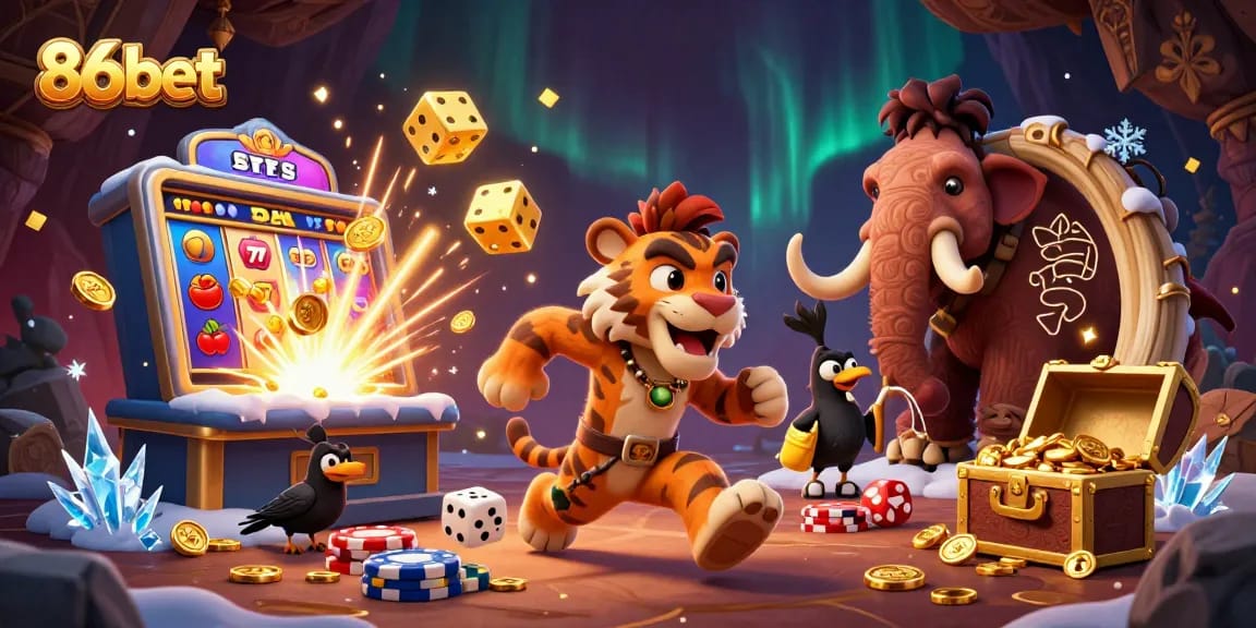 Experience the thrilling world of 86bet with vibrant visuals of a dynamic casino scene featuring engaging characters.