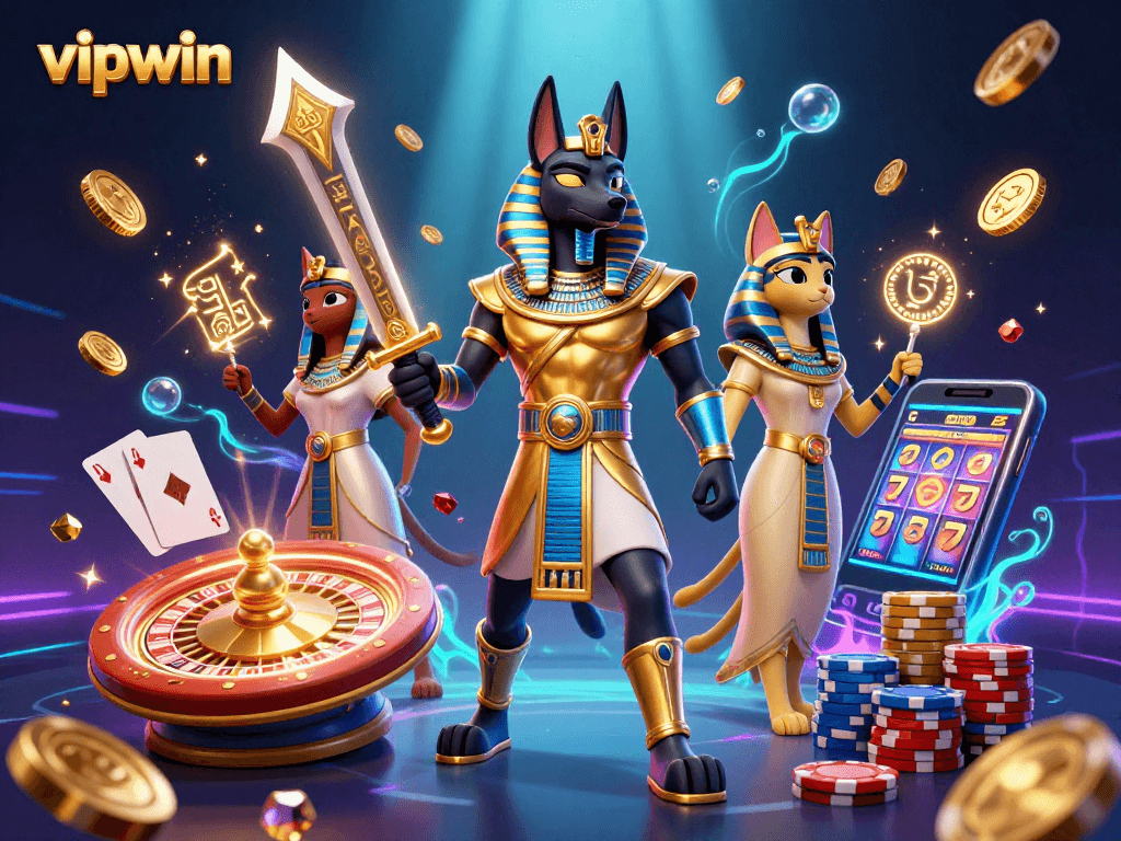 Experience thrilling gaming with vipwin, featuring Anubis, Bastet, and casino elements rolling in vibrant colors.