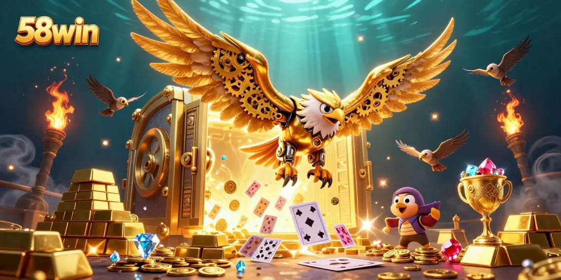 Join the thrilling adventure at 58win as the golden eagle dives through a cascade of vibrant holographic cards.