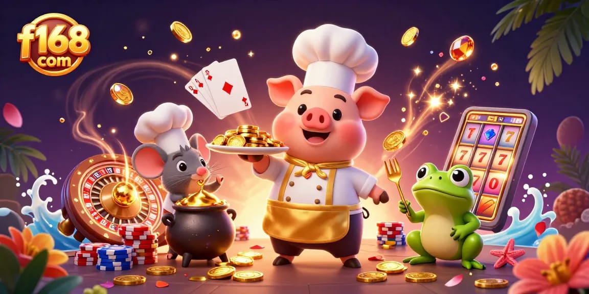 Spin and win with f168 com in a vibrant 3D casino world filled with gold coins and exciting games.