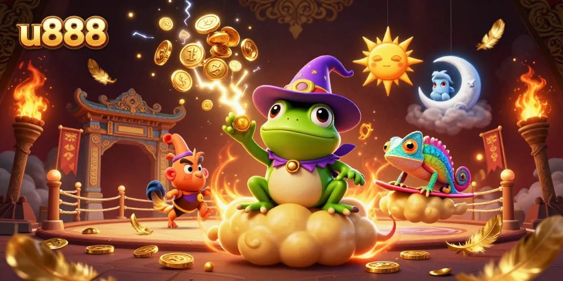 Win big at u888 with exciting 3D cartoon action in a vibrant casino scene.