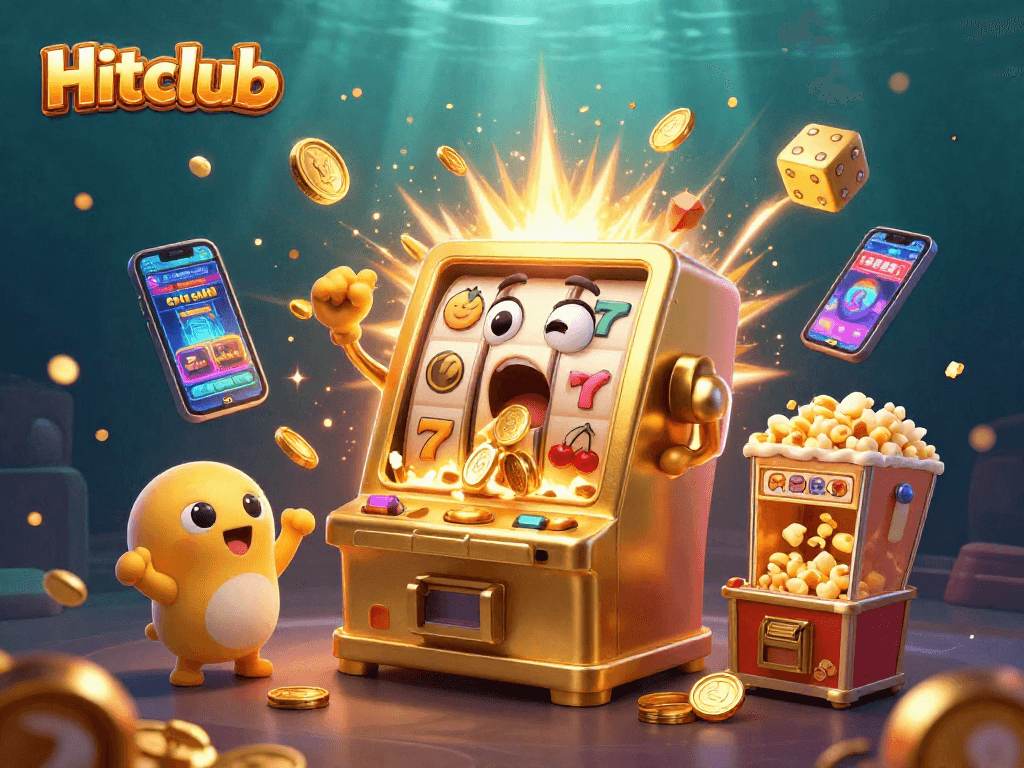 Hitclub showcases a vibrant jackpot scene with a golden slot machine celebrating massive wins.