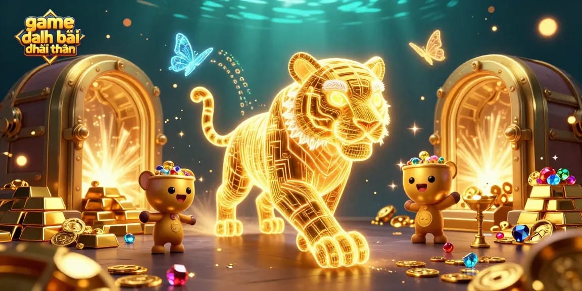 Win big in game đánh bài đổi thưởng with vibrant casino scene featuring golden tiger and treasures.