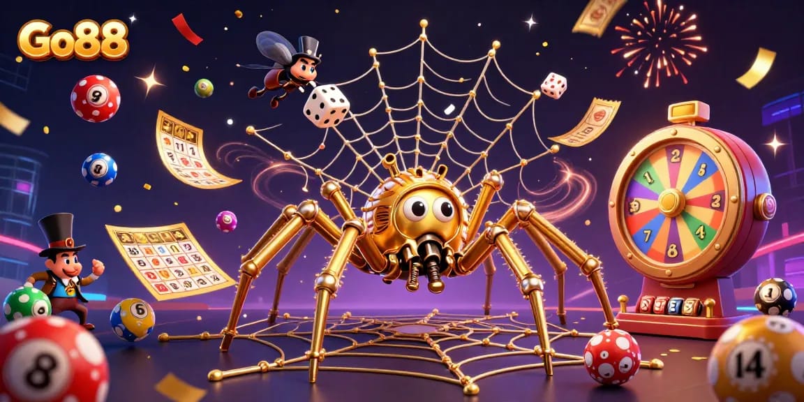 Engage in thrilling games at Go88, featuring a steampunk spider and gambling excitement.