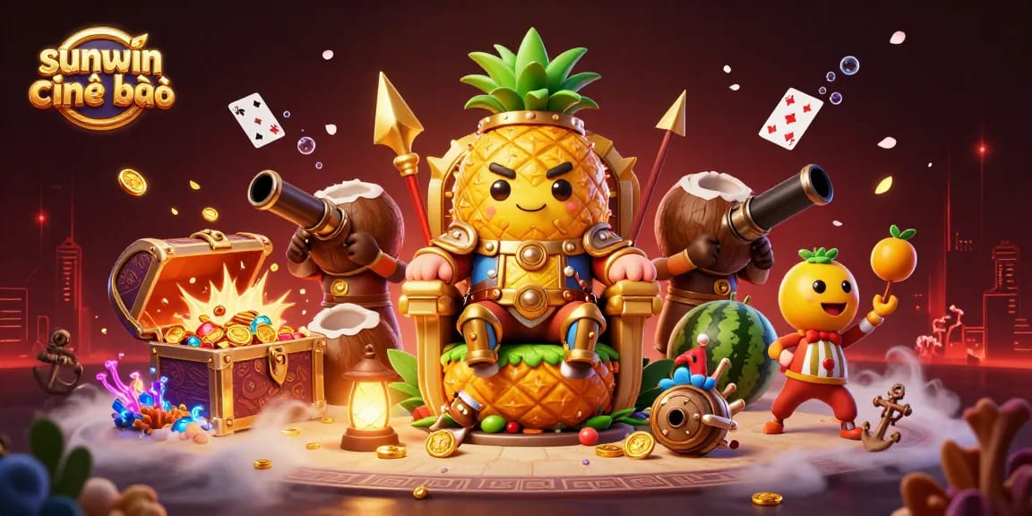 Engage with sunwin chính chủ as the golden pineapple king celebrates in a vibrant casino scene.