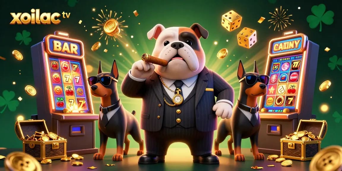 Xoilac TV showcases an epic casino scene with a mafia bulldog boss and Doberman bodyguards amidst exploding slot machines and treasure.