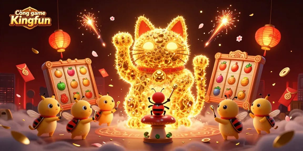 The Cổng game Kingfun features a dynamic scene with a lucky cat made of fireflies, slot game elements, and festive decorations.