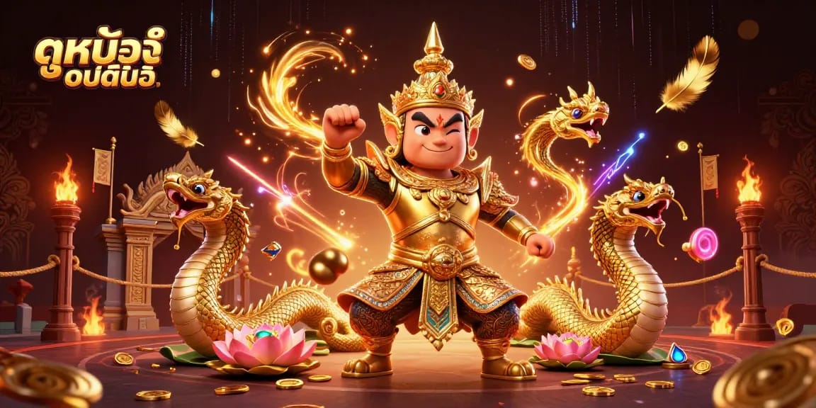 Engaging scene featuring ดูหนังออนไลน์ with Thai temple guardian and Naga serpents in a dynamic casino setting.