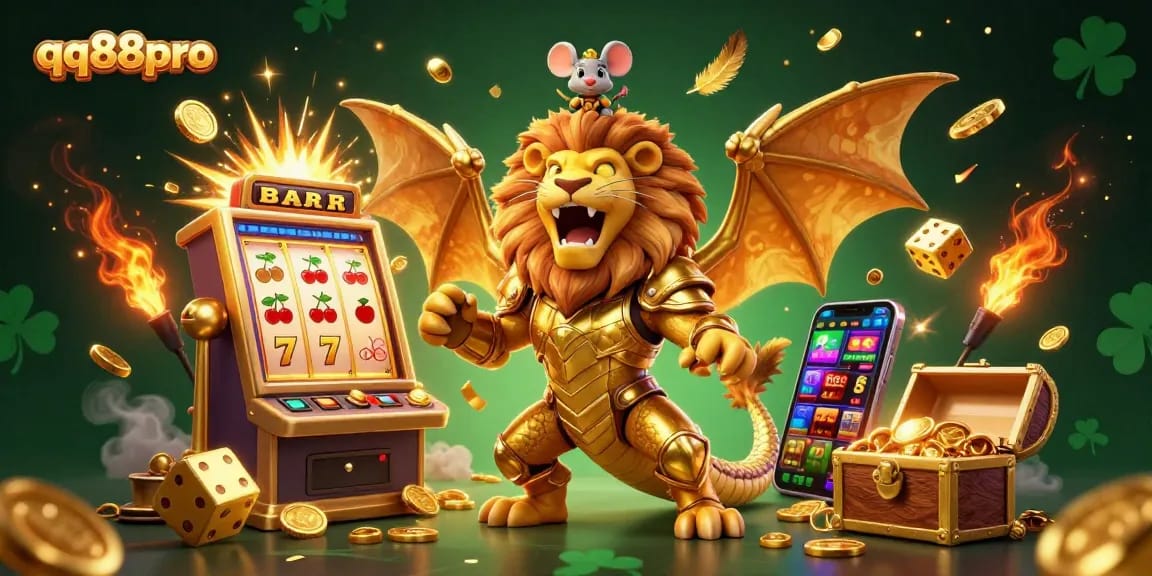 Engage with exciting gameplay at qq88pro featuring a roaring chimera, slot machines, and vibrant casino elements.