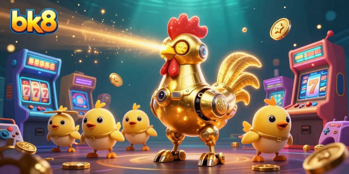 Experience thrilling gameplay at bk8 with this vibrant and dynamic casino illustration featuring a futuristic golden rooster.